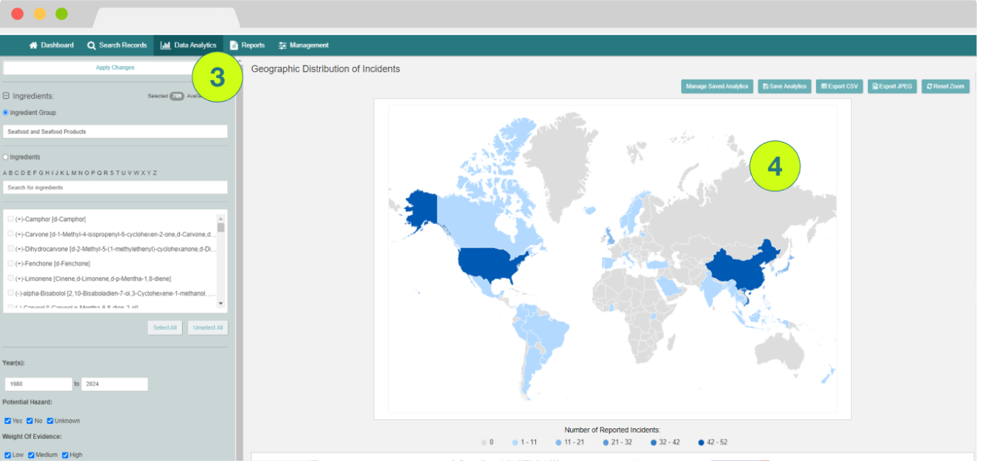Screenshot of Food Fraud Database world heatmap showing global incidents