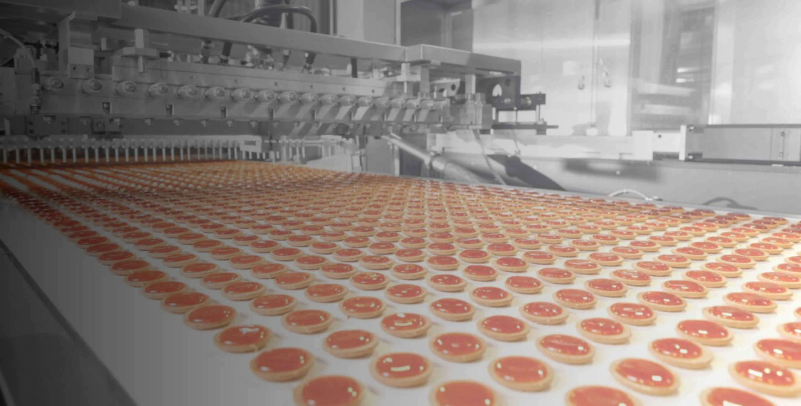 Industrial food production line depositing red jelly onto small round cookies on a conveyor belt in a factory.